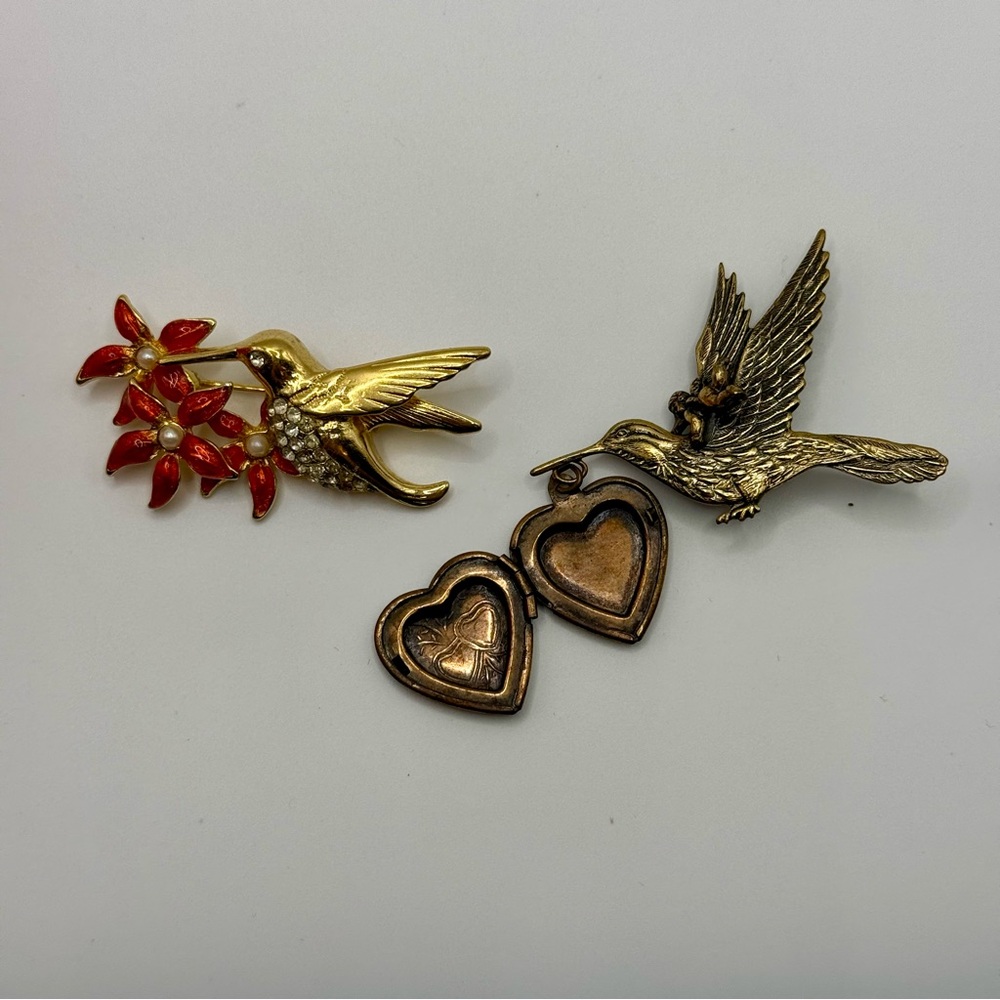 Vintage Hummingbird Brooch Set with Gold Tone Red Flower & Bronze Heart Locket